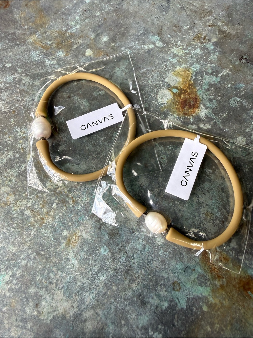 Canvas Tan Silicone Bracelet With Pearl Accent